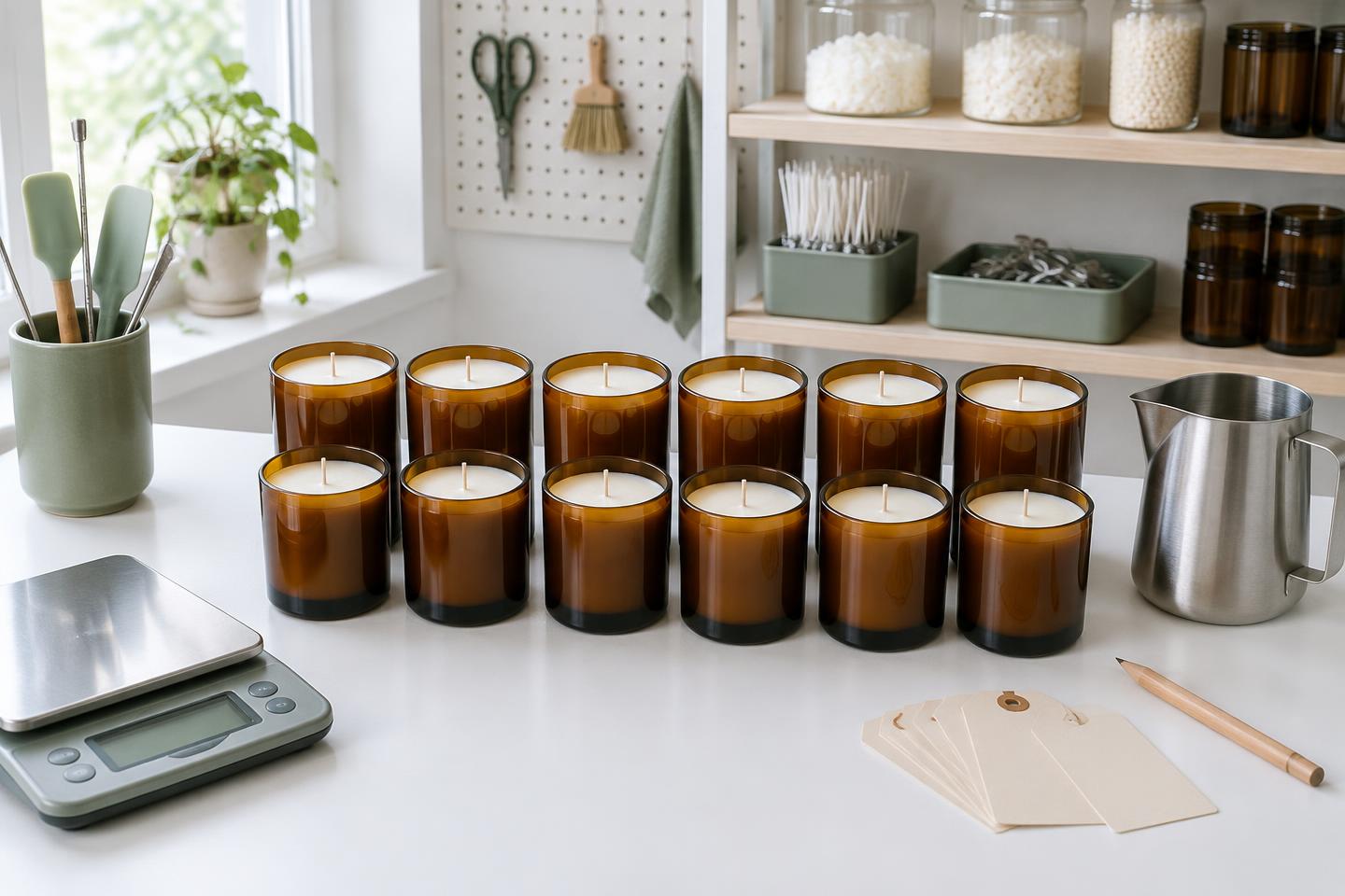 Illustrative small batch of identical amber jar candles with a scale and blank batch tags