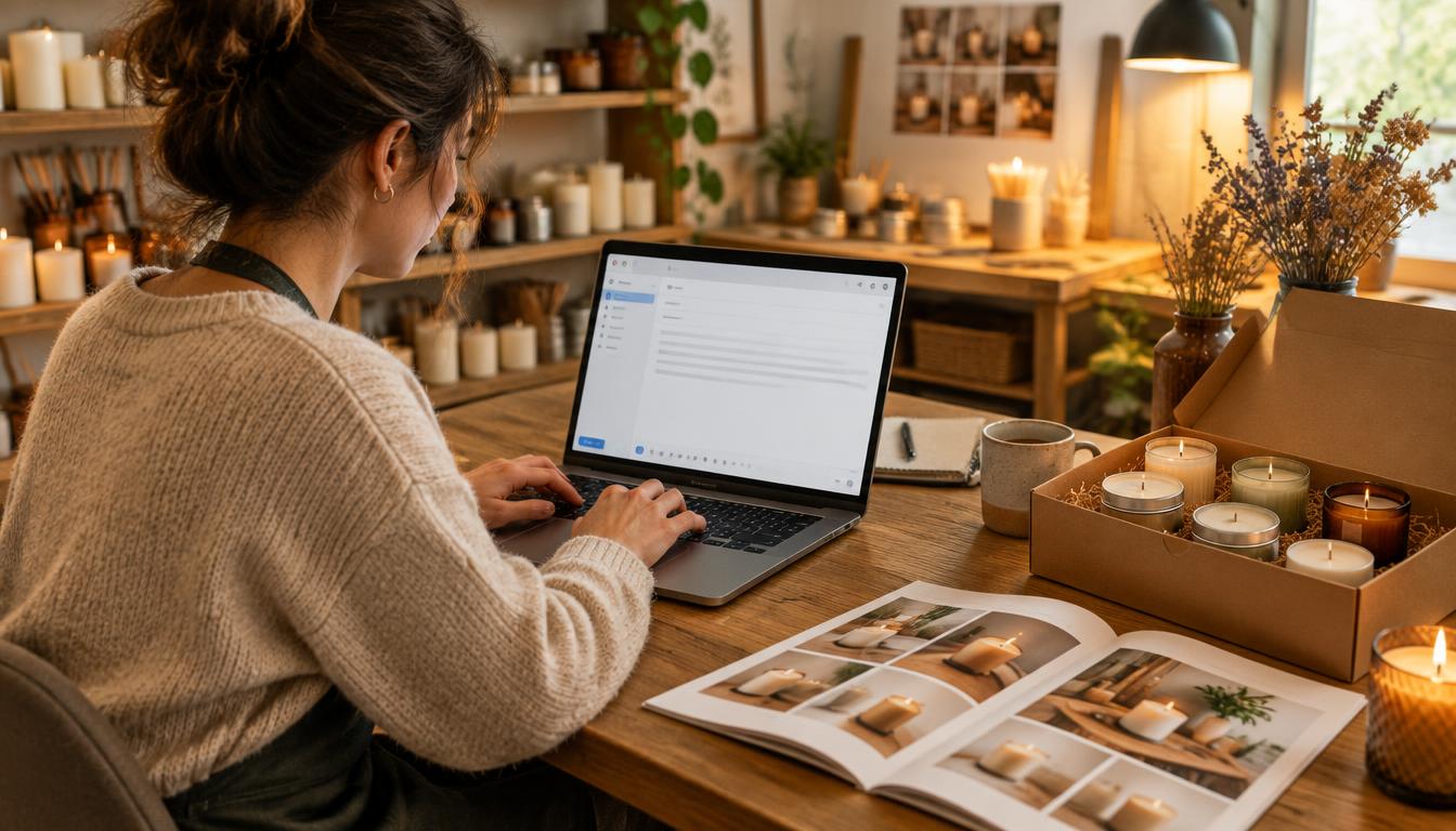 A candle maker writing an email at a laptop with a box of sample candles and a catalog beside her