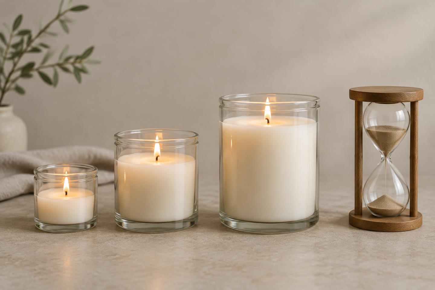 Three jar candles of small, medium and large sizes burning beside an hourglass