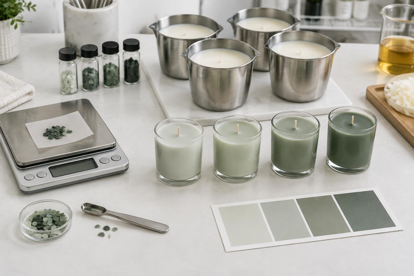 Four green candle color tests beside measured dye chips, a precise scale and a blank swatch card