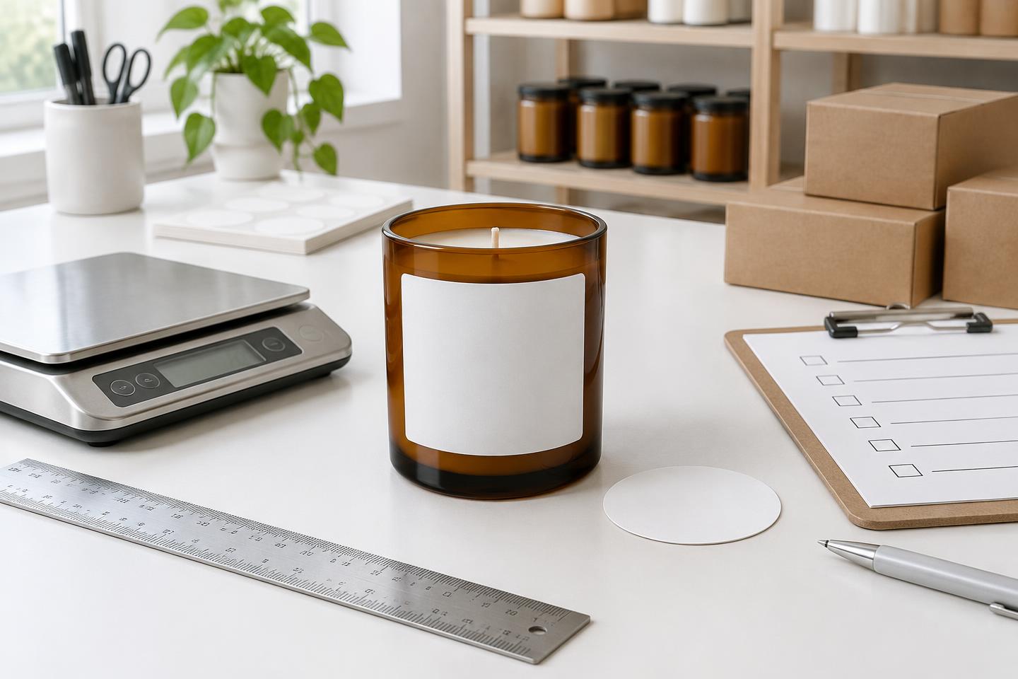 Amber jar candle with blank front and bottom labels beside a scale, ruler and packaging checklist
