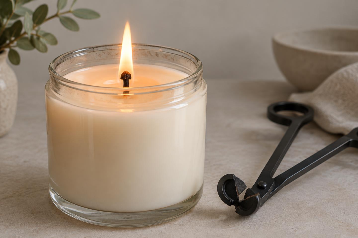 Lit jar candle with a mushroomed wick and light soot on the glass rim, beside a wick trimmer