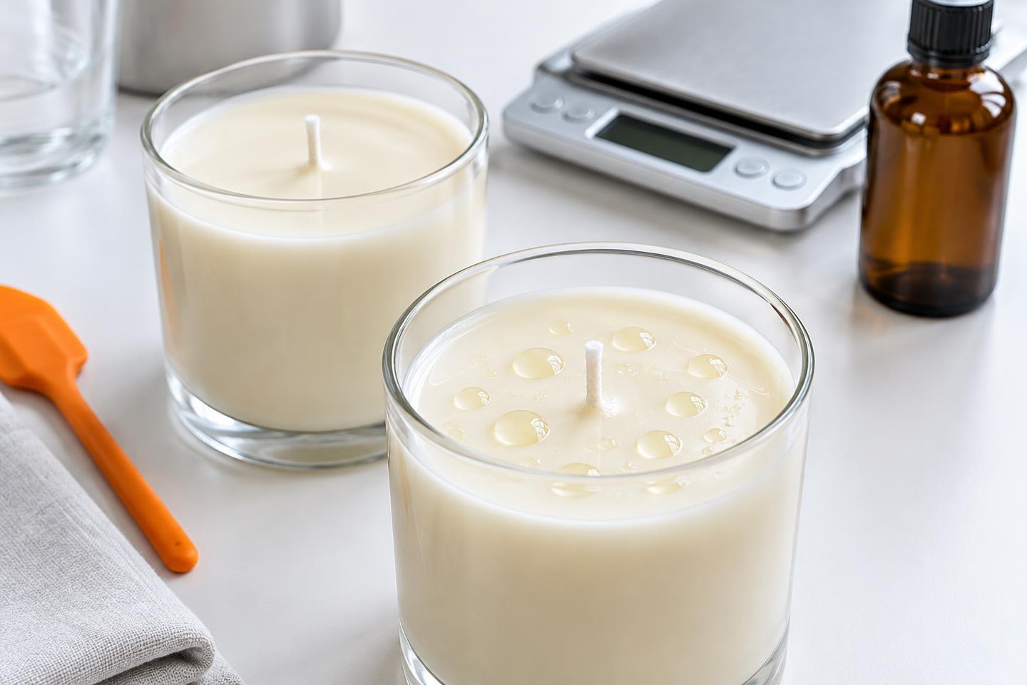 Illustration of droplets on an unlit candle's wax surface beside a dry candle and weighing scale