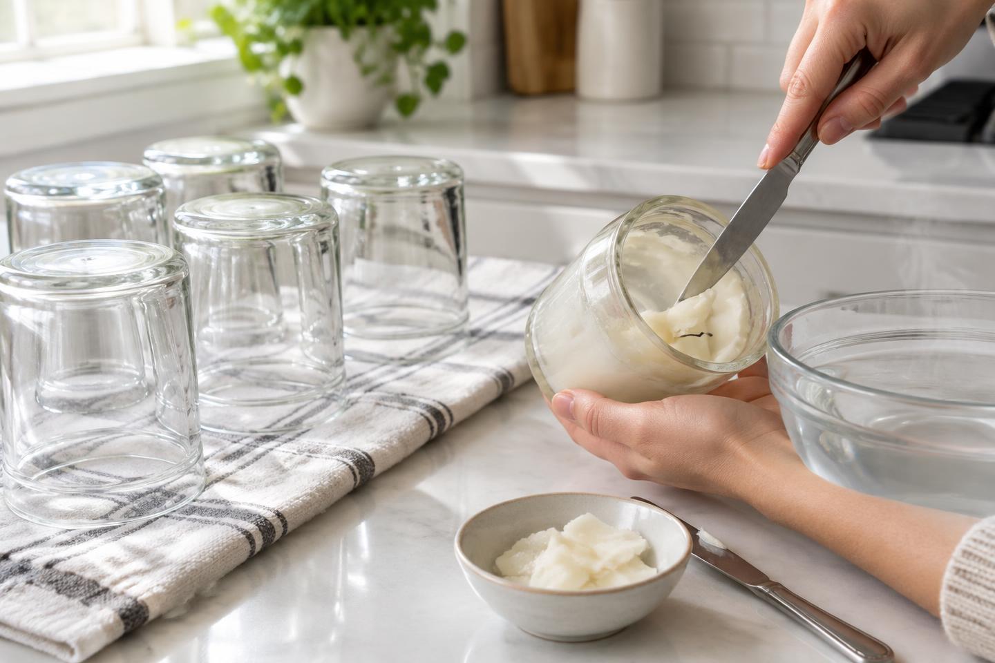 Clean candle jars drying upside down while leftover wax is removed from a jar with a butter knife