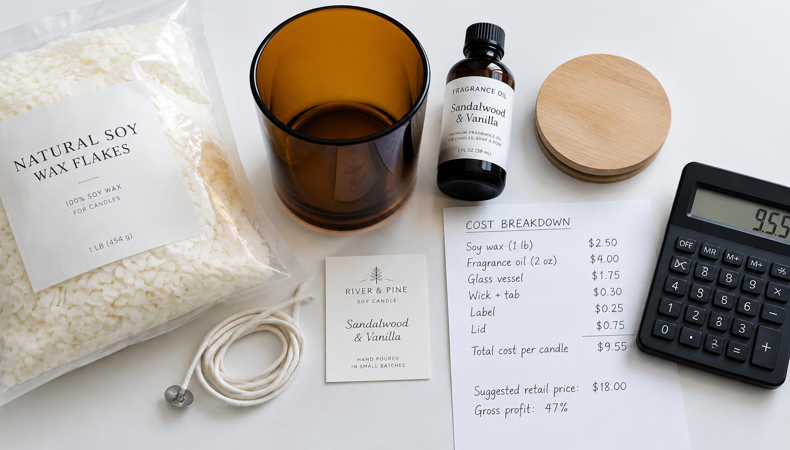 Candle vessel, wick, label, lid, wax flakes and fragrance oil laid out next to a calculator and cost sheet