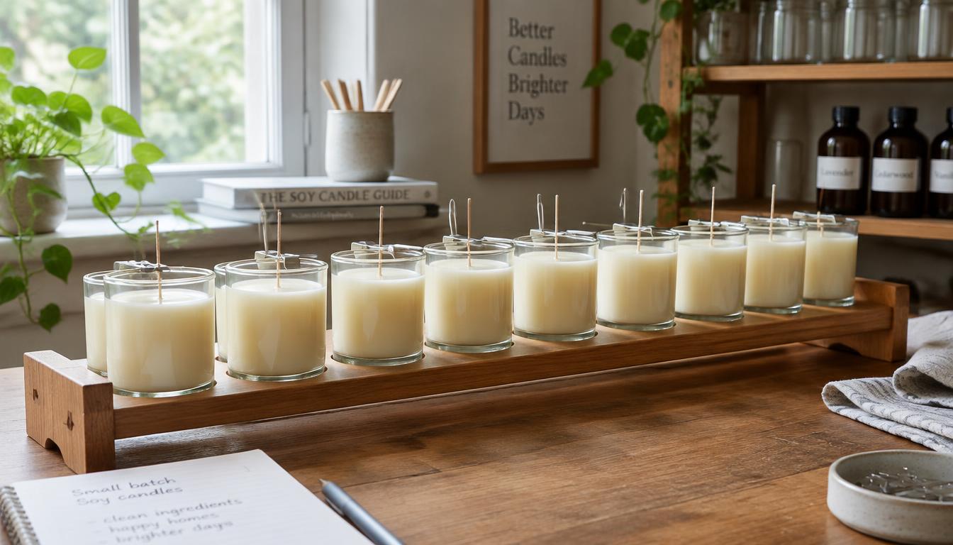 Freshly poured soy candles curing in a neat row on a wooden rack with wicks held centered