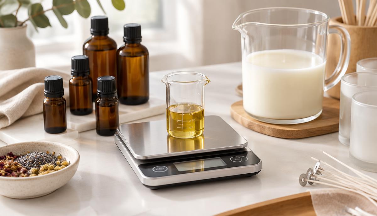 Fragrance oil being weighed on a digital scale next to a pitcher of melted soy wax