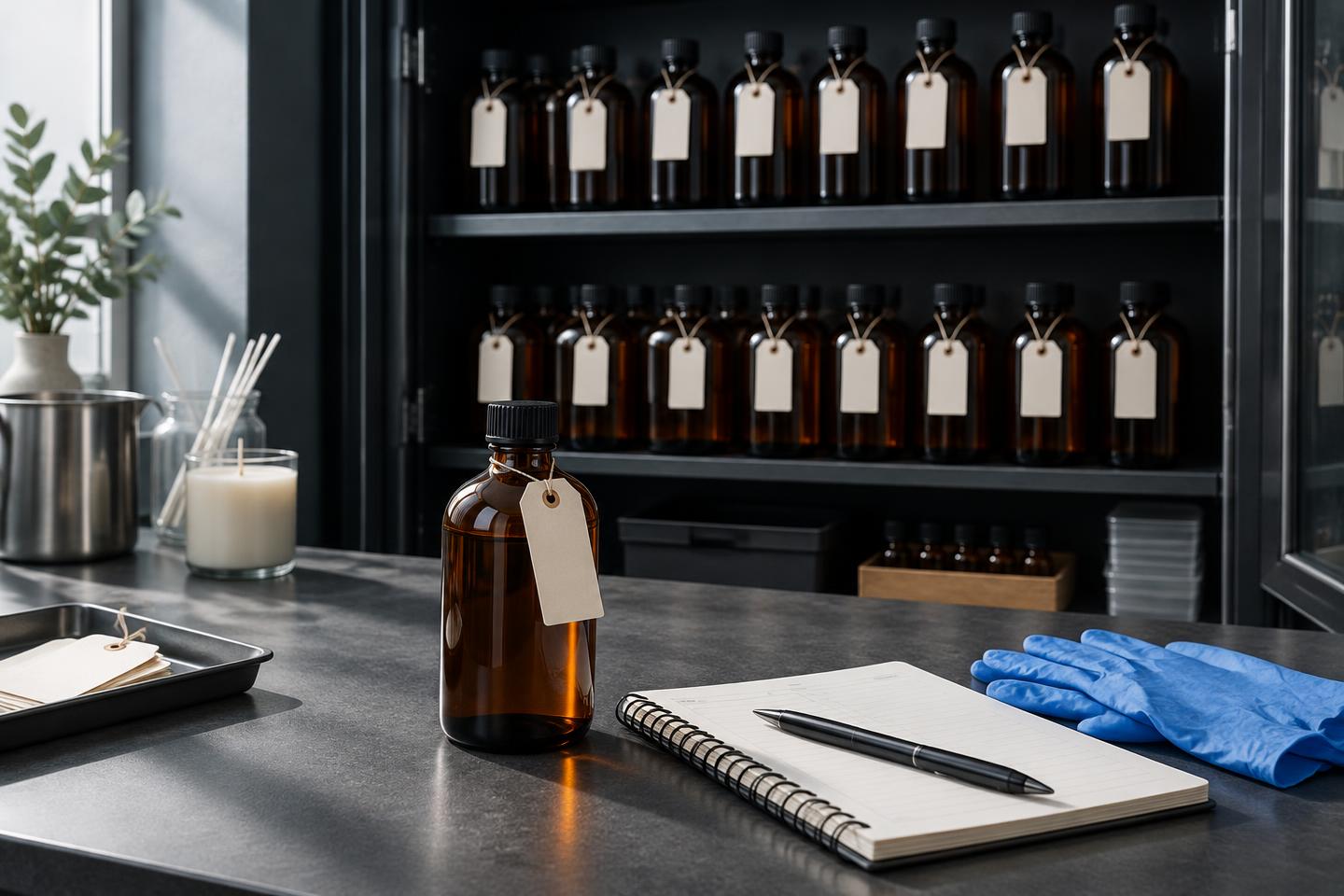 Organized amber fragrance bottles with blank lot tags in a dark studio storage cabinet