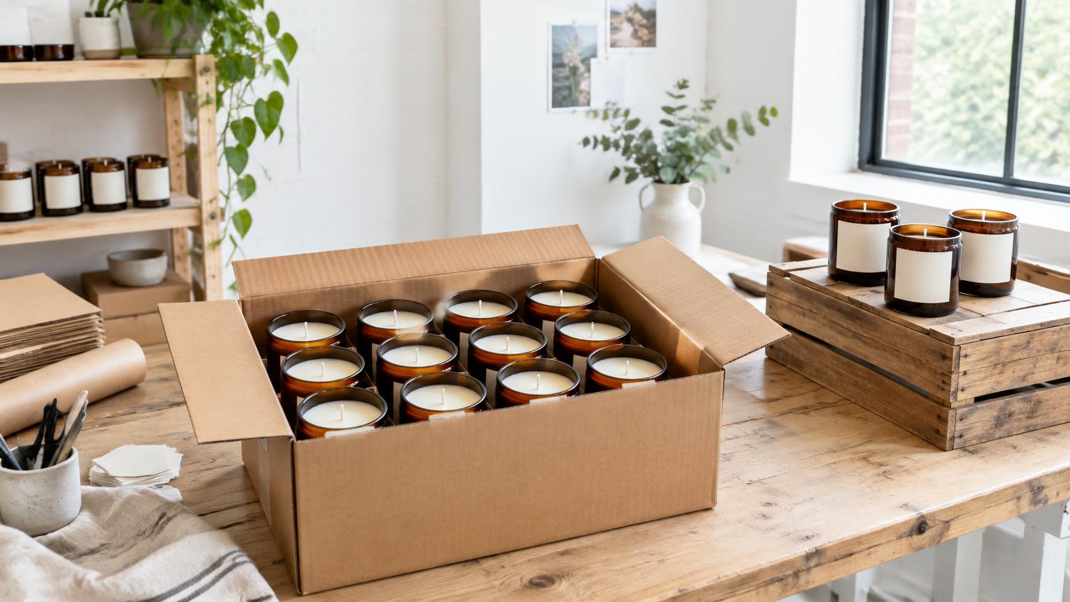 A wholesale case of amber jar candles packed on a studio table next to a market crate