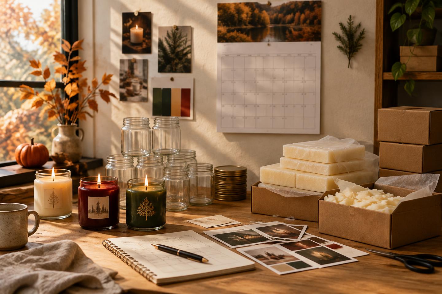 Candle studio planning desk with calendar, empty jars, wax boxes and finished holiday candles