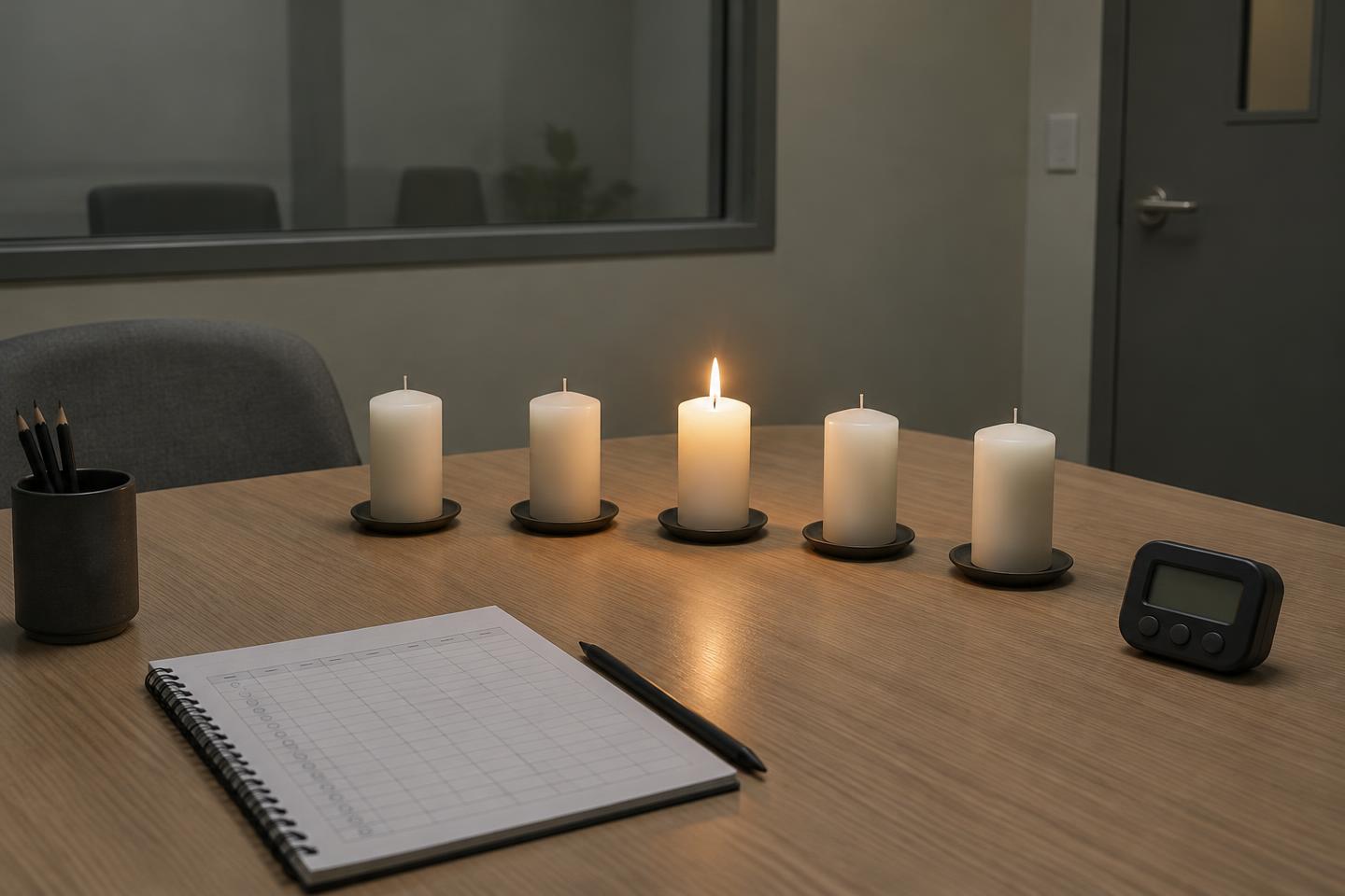 Row of test candles with one lit, a scoring sheet notebook and a timer on a table
