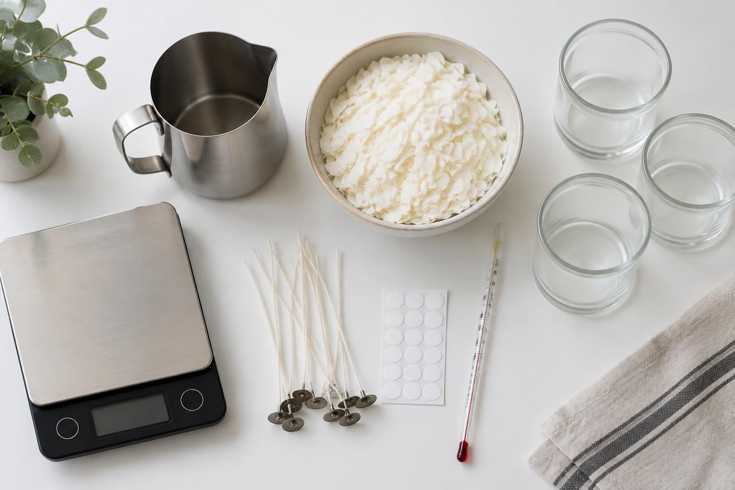 Beginner candle making supplies: pitcher, wax flakes, wicks, thermometer, scale and glass jars