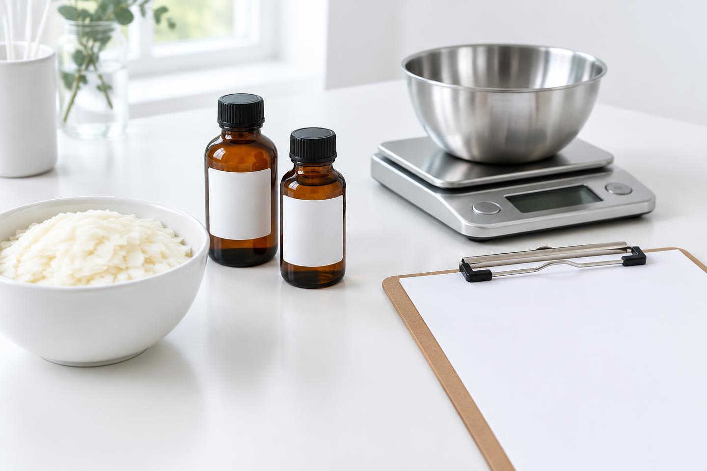 Illustrative fragrance bottles, soy wax, a scale and a blank documentation clipboard