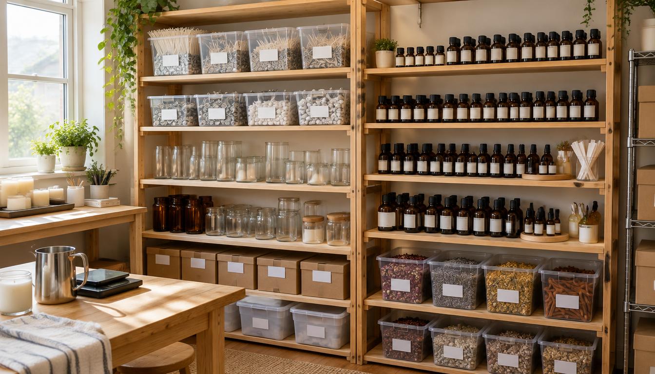 Organized shelves in a small candle studio with labeled bins of wicks, jars, and fragrance oils
