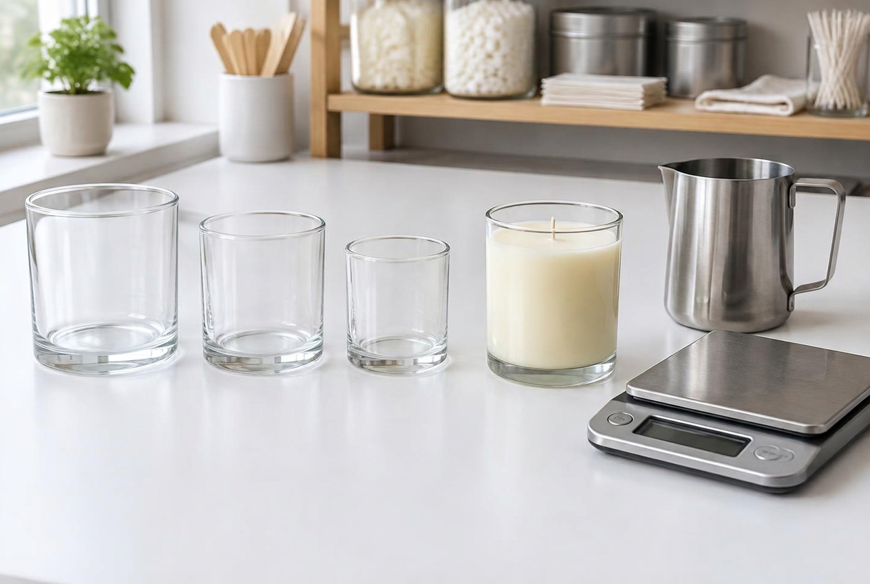 Illustrative empty candle jars in three sizes beside a filled candle, digital scale and pouring pitcher