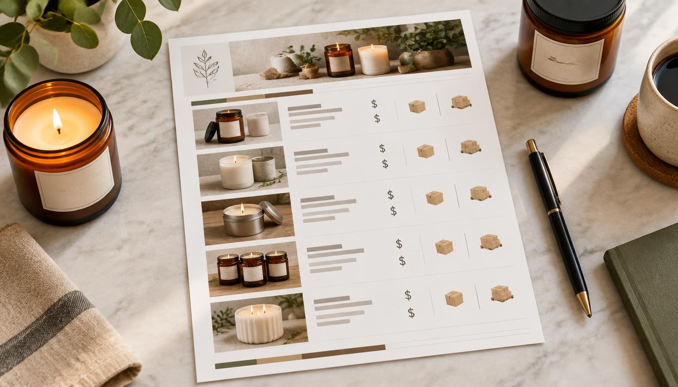 A printed wholesale candle line sheet on a marble table next to amber jar candles and a pen