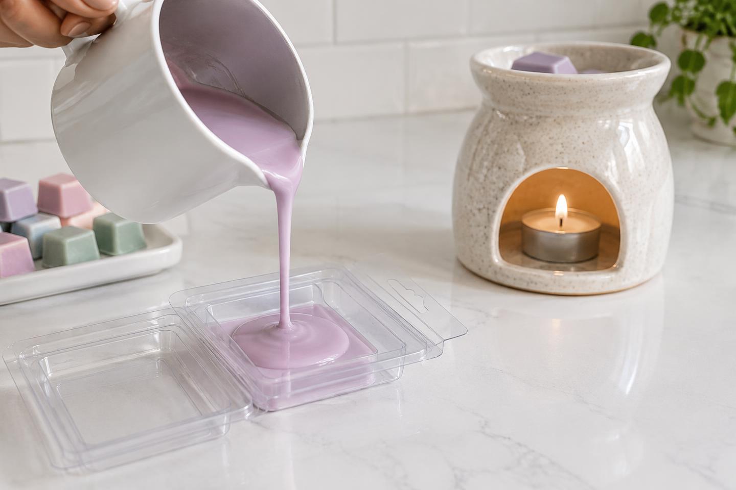 Lavender-colored wax being poured into a clear clamshell beside a ceramic wax warmer