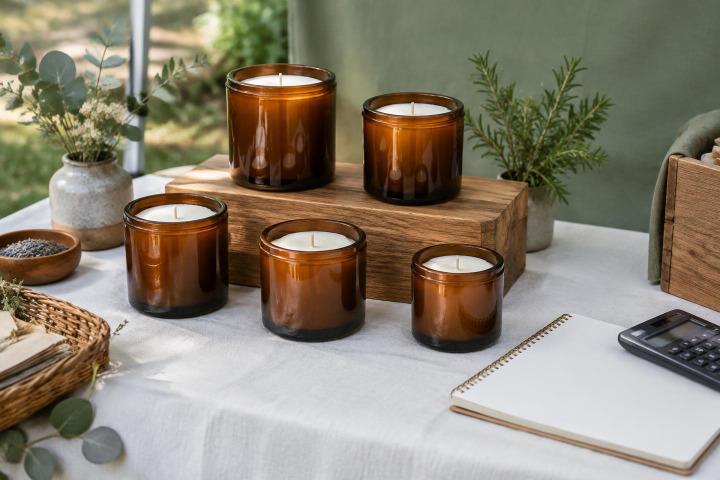 Illustrative small candle market display with amber jars, a notebook and a calculator