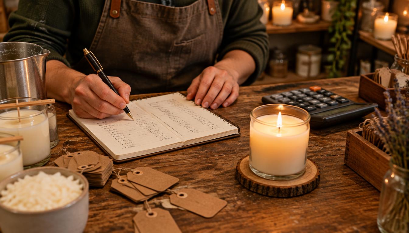 A candle maker writing pricing notes in a notebook beside a lit candle and a calculator