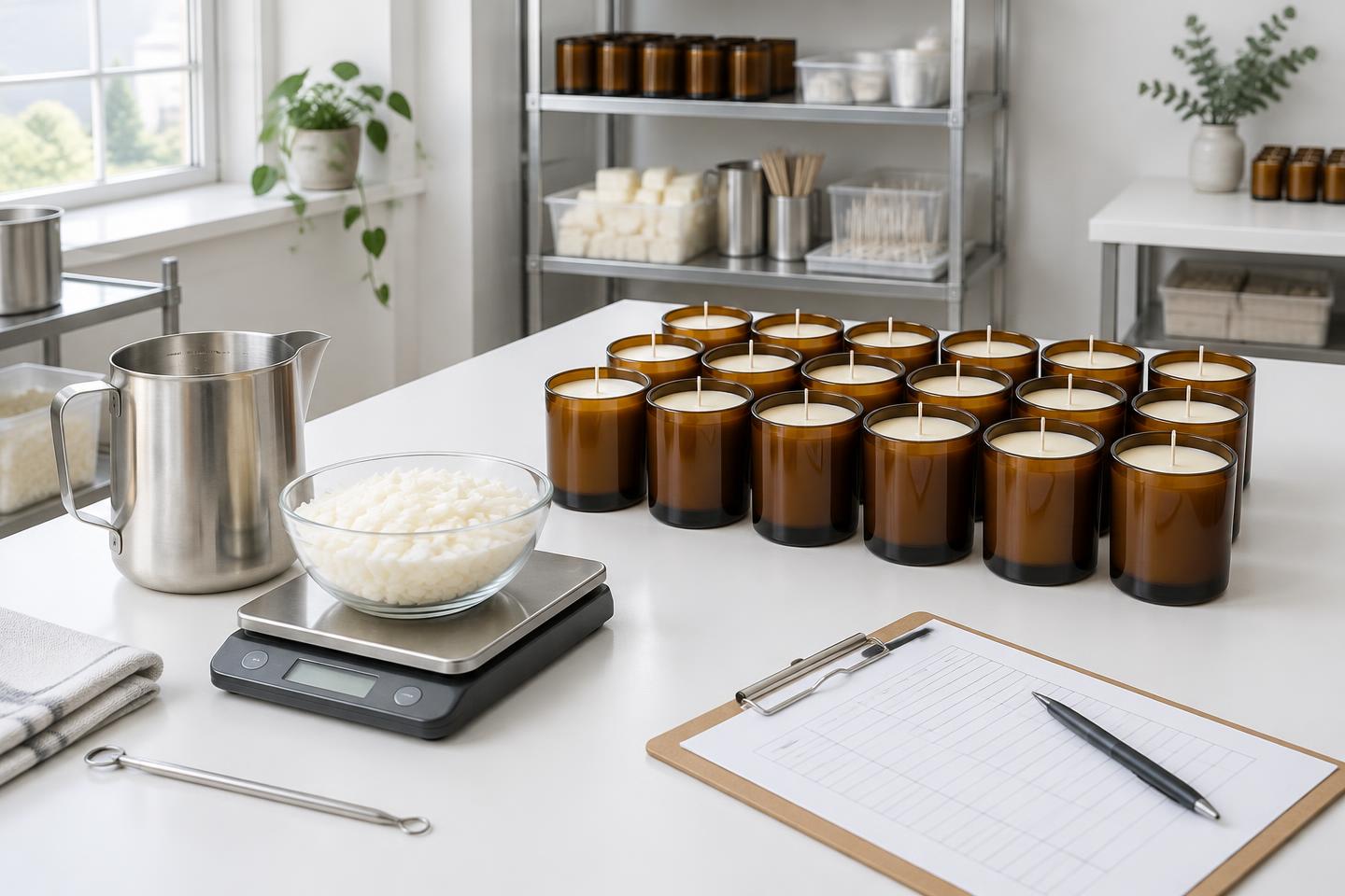 Rows of amber jar candles cooling beside a digital scale, wax and production record