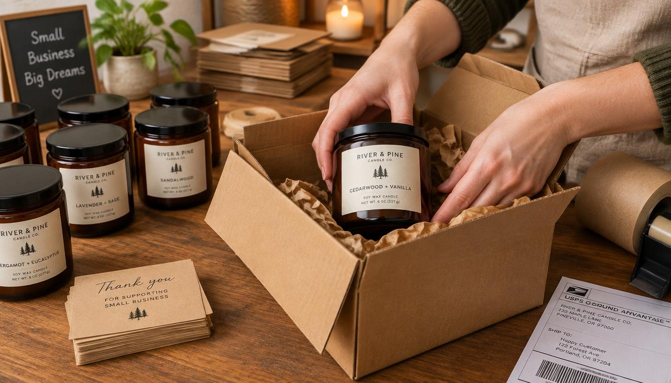 Amber jar candles being packed into a cardboard shipping box with kraft paper cushioning