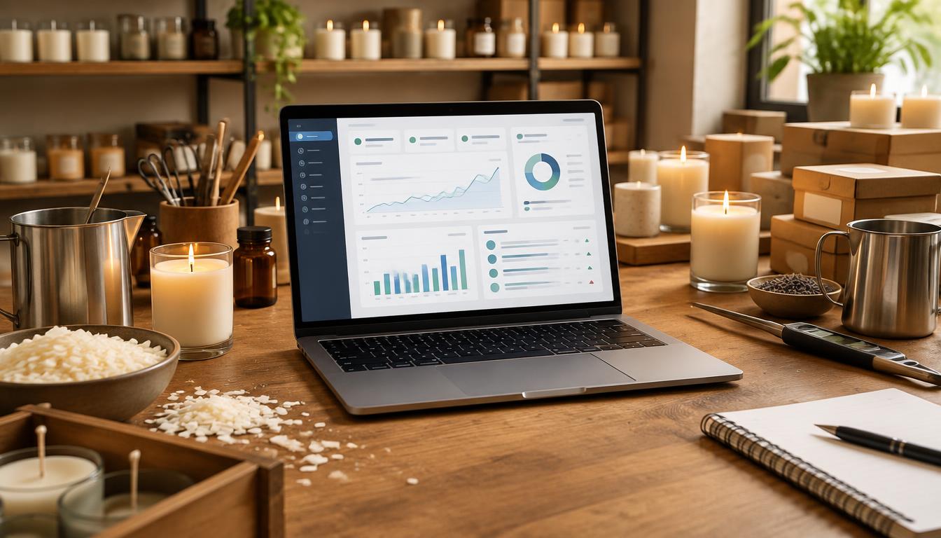 A laptop on a candle studio workbench showing a clean business dashboard, surrounded by candles and pouring tools