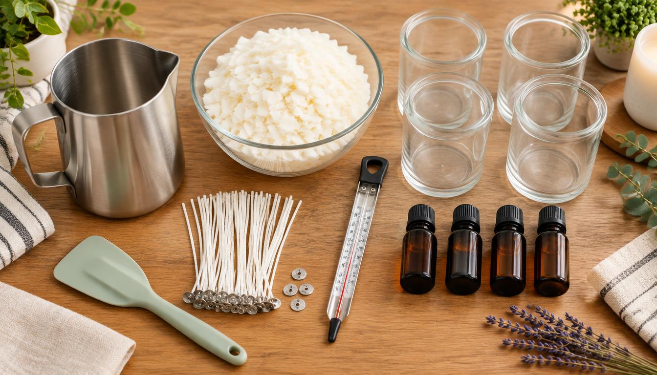 A candle-making starter layout with a pouring pitcher, wax flakes, wicks, thermometer, fragrance oils, and empty jars