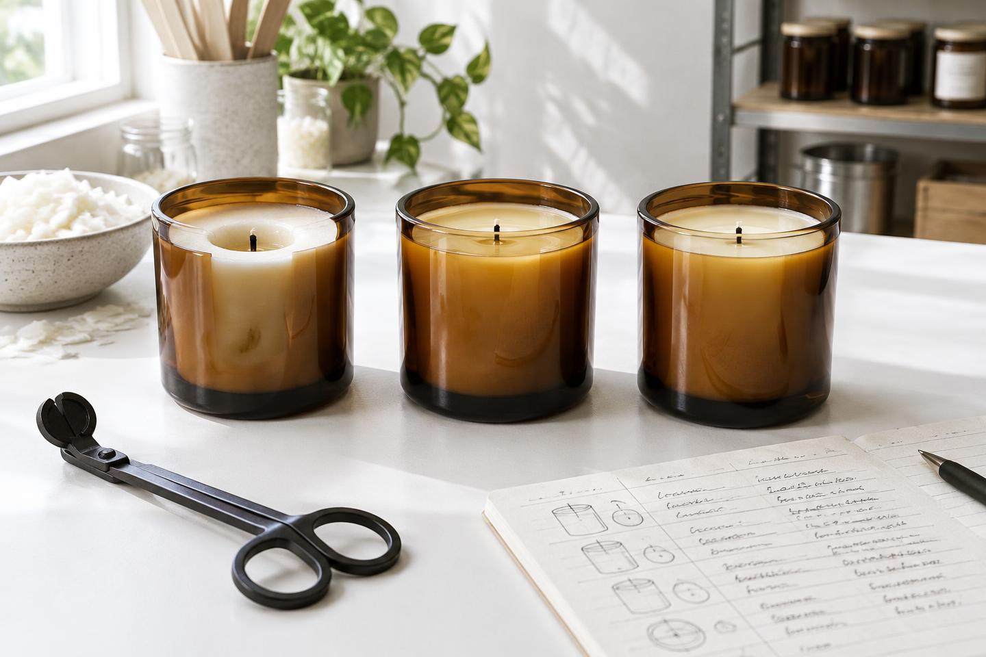 Three amber jar candles showing different melt-pool patterns beside a wick trimmer and test notes