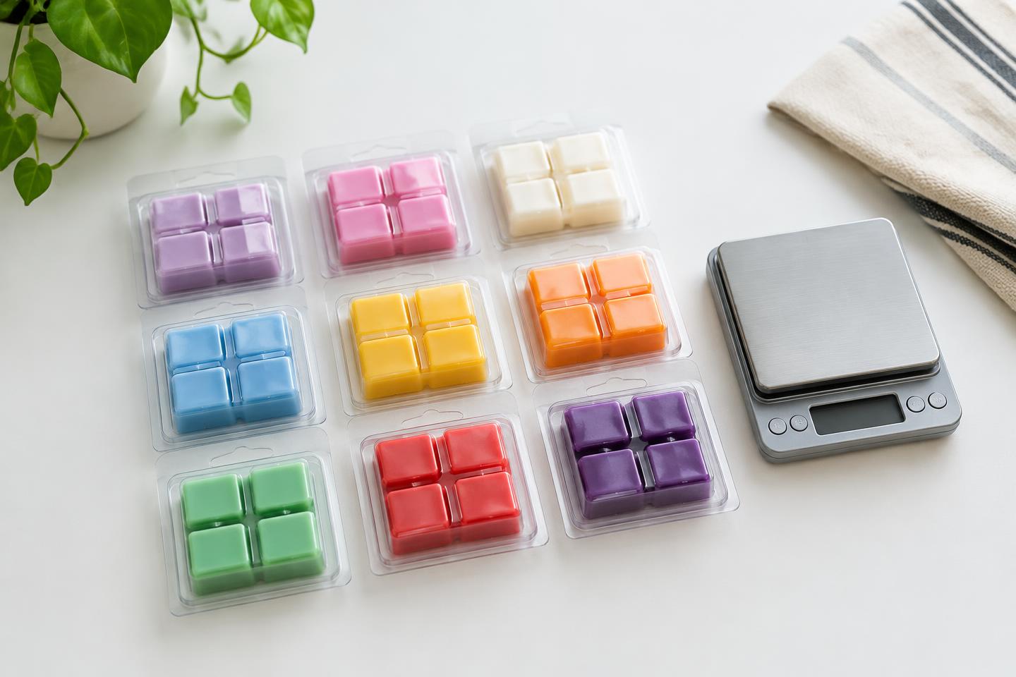 Rows of colorful wax melt clamshells beside a digital kitchen scale