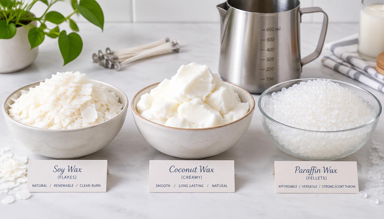 Three bowls of soy wax flakes, coconut wax, and paraffin pellets side by side on a studio table
