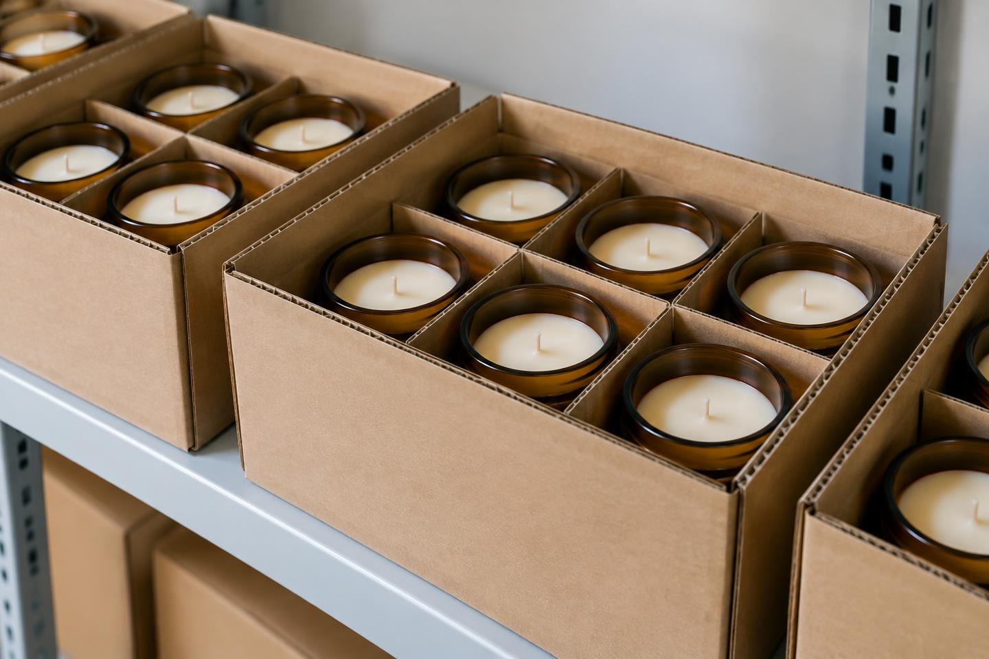 Shipping cartons of amber jar candles packed in cardboard dividers on a warehouse shelf