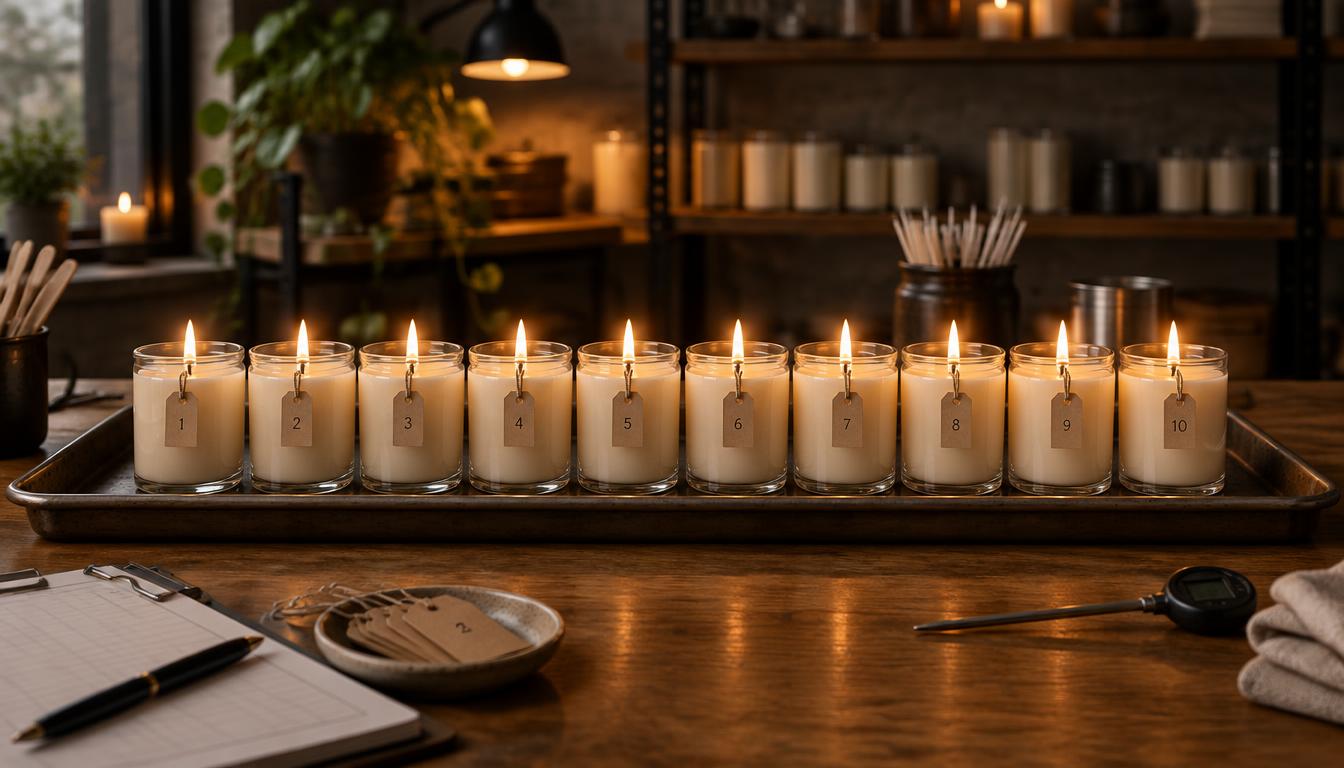 Ten identical jar candles burning side by side on a tray, each tagged with a number, during a wick test